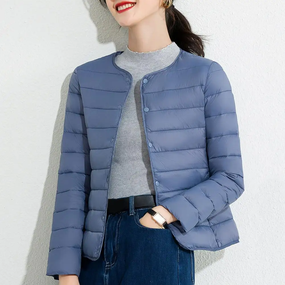 

Women Down Jacket O-neck Solid Color Warm Cardigan 2023 New Female Winter Keep Warm Collarless Ultralight Quilted Puffer Coat