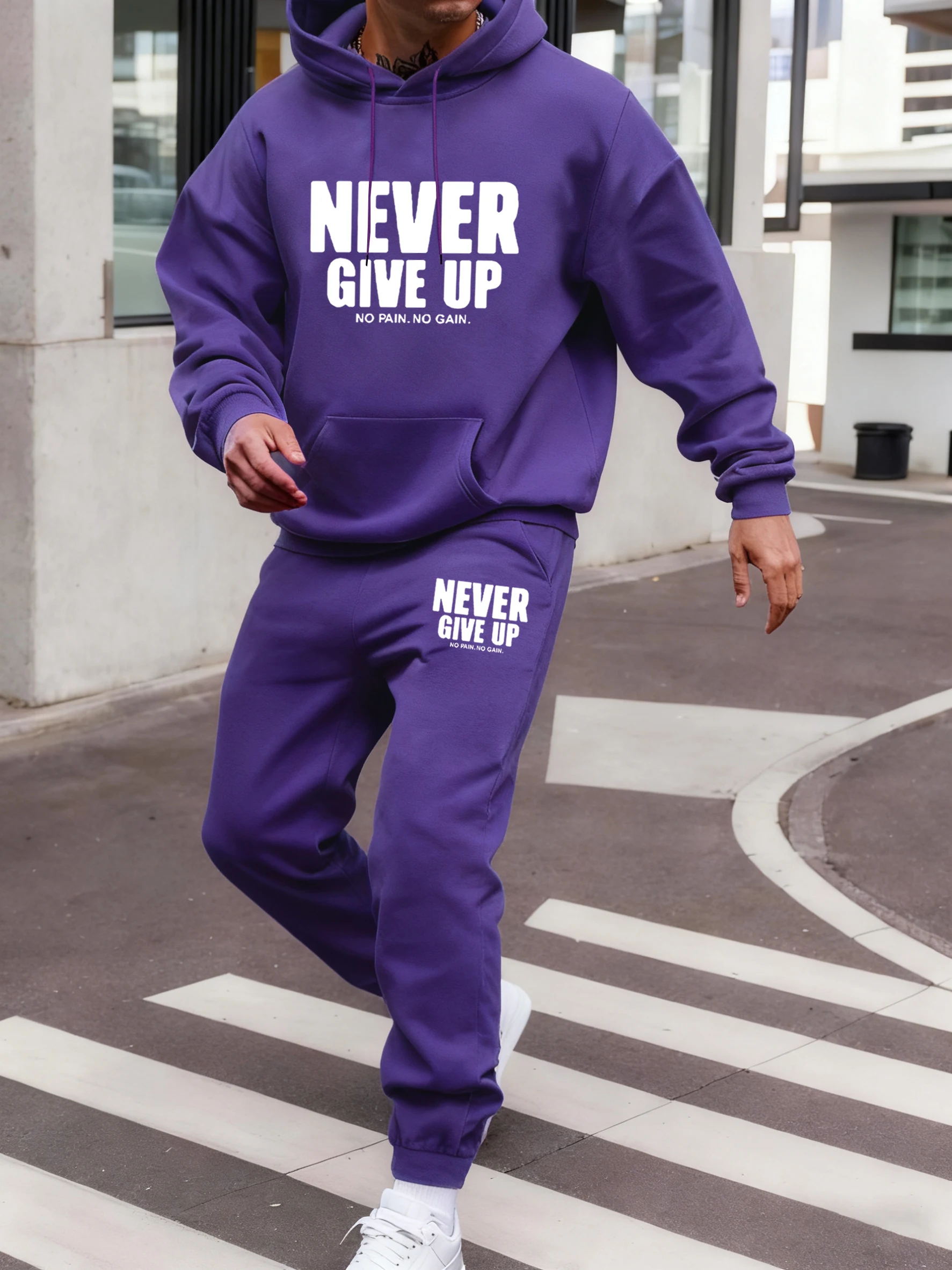 Never Give Up No Pain No Gain Prints New Hoodies Set Men Street Casual Sweatshirt Autumn Jogging Pants Fleece Sport Sweatpants