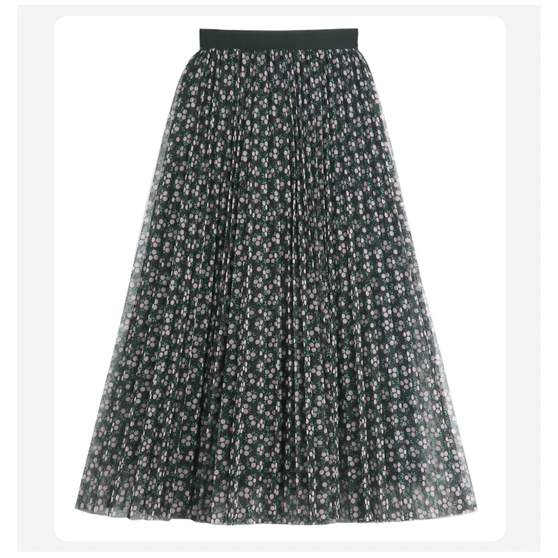 Pleated Printed Mesh Skirt Women's 2022 Spring New High-waisted Thin Mid-length Large Swing Fairy Chiffon Skirt tutu skirt Skirts