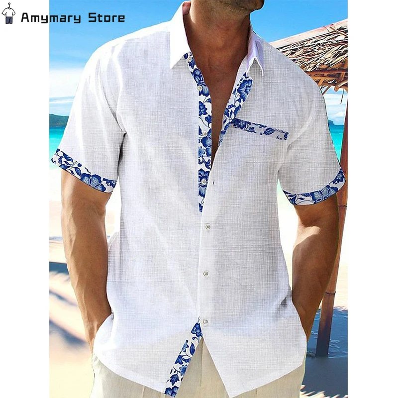 

Mens Fashion Contrast Short Sleeve Shirt Hawaiian Seaside Holiday Loose Casual Button Shirt Handsome Lapel Cotton Linen T-shirt
