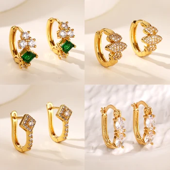 Green Square Zircon Geometric Earrings for Women Gold Color Small Hoop Earrings 2025 Trend Piercing Wedding Jewelry Gift