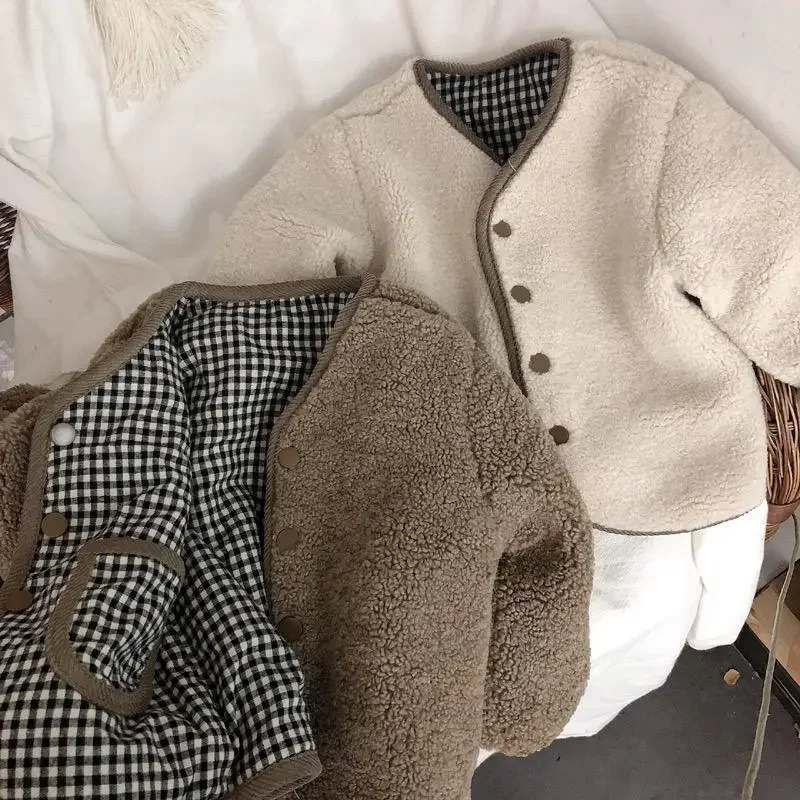 Children\'s Plaid Plush Coat Autumn and Winter New Warm Coat Children on Both Sides Wear Coat Boy\'s and Girls\' Clothing