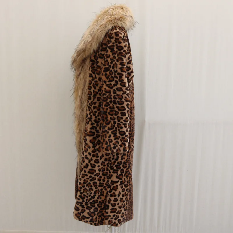 Luxury Brand Long Fur Coat Women Large Size Faux Fur Jacket Leopard Print Big Fur Collar Windbreaker Women Clothing High Quality
