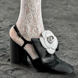 Camellia and Bow-Knot Detail Round Toe Hollow Block Heels Sandals Patchwork Slingback Buckle Designer Women's Pumps Party Summer