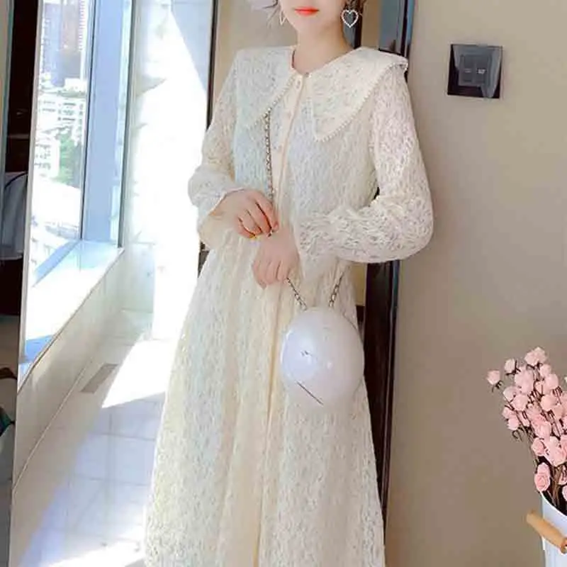 Sweet Cute Women Fashion Lace Dress Spring Summer Korean Elegant  Embroidered Flares Loose Versatile Casual Long Sleeve Dresses