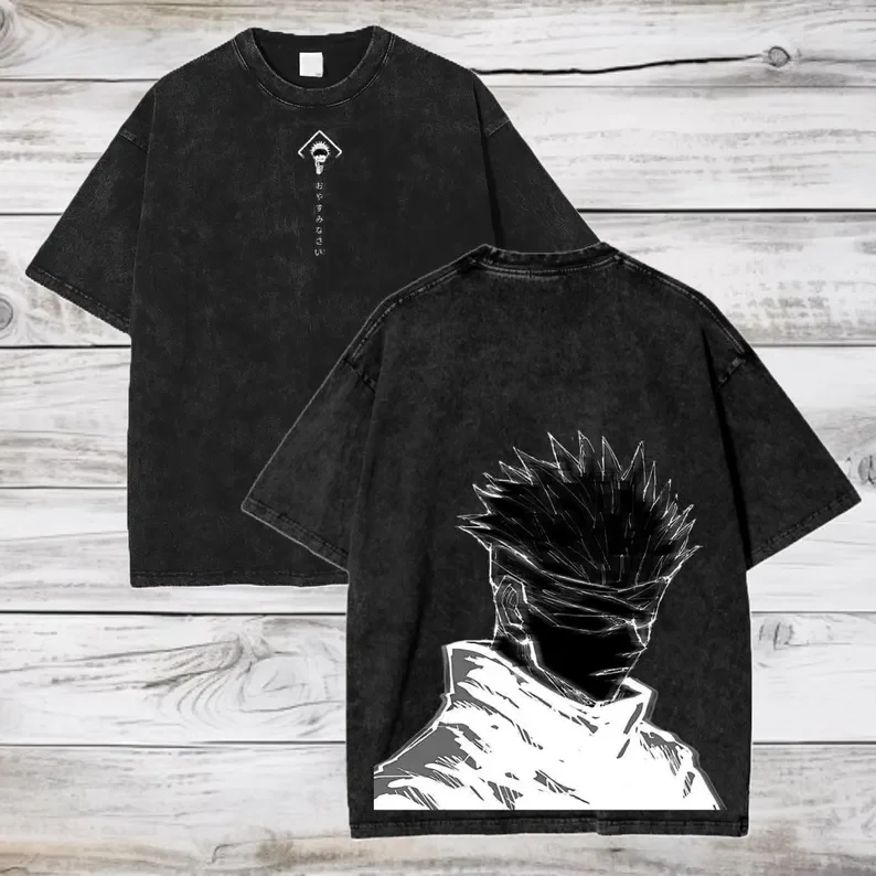 Gojo Satoru Jujutsu Kaisen Vintage Washed Cotton Oversized Tee - Unisex Streetwear Summer Short Sleeve Shirt