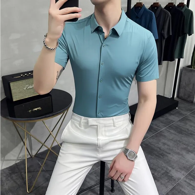 2022 Small Asian Size Summer Fashion New Mens Shirt Korea Styles Short Sleeve Slim Fit Dark Green White Casual Social Shirts