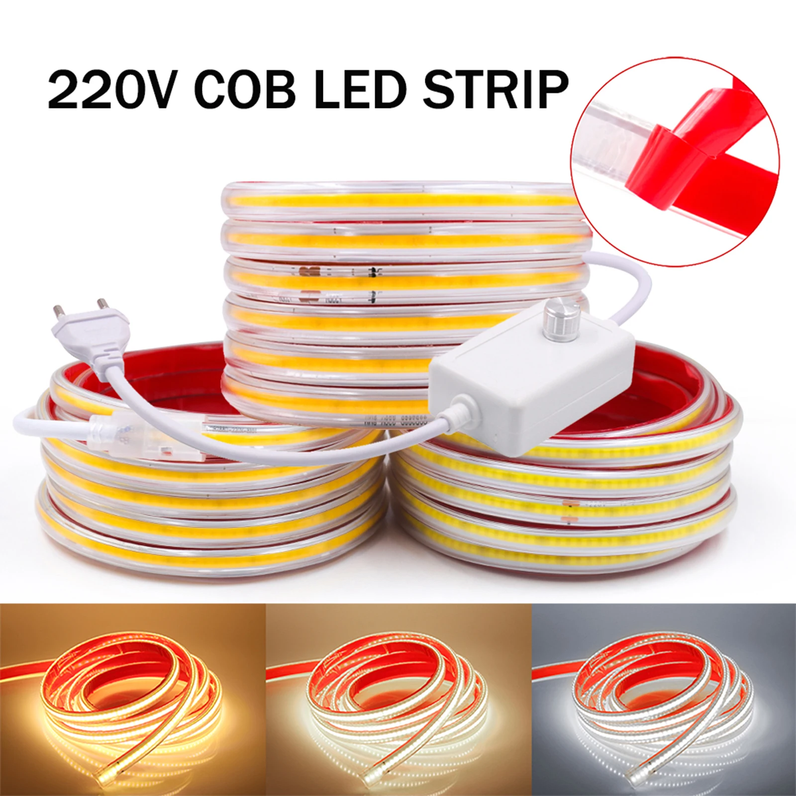 Tira de luces LED COB de 220V con cinta adhesiva, cinta LED Flexible de  288LEDs/m, impermeable, con enchufe de interruptor de la UE - AliExpress