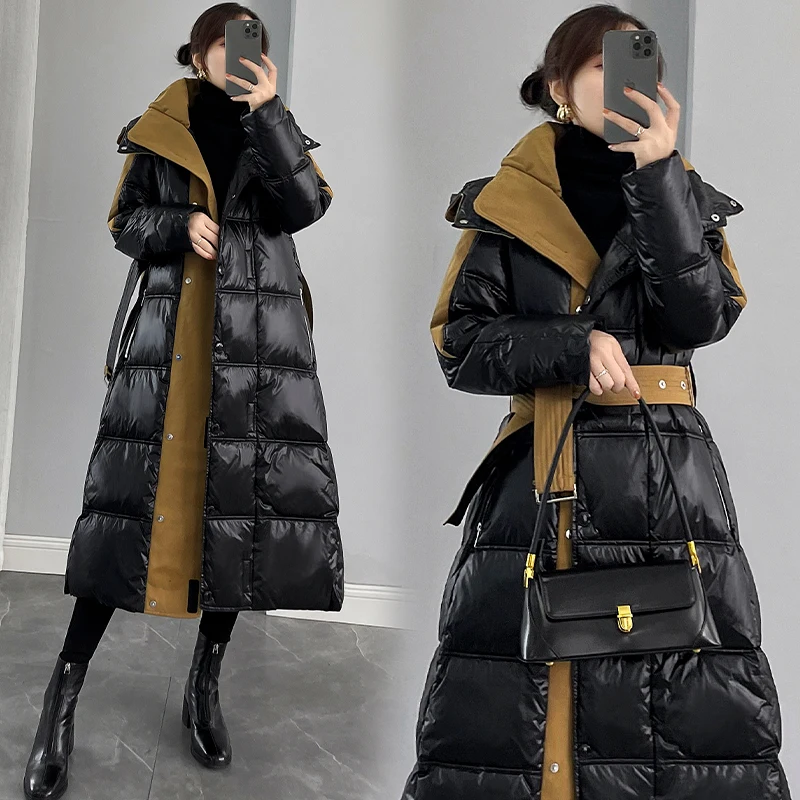 

Black Glossy Down Coats Women's 2023 New White Duck Down Parkas Winter Jacket Long Splice Down Coats Female Warm Down Jackets