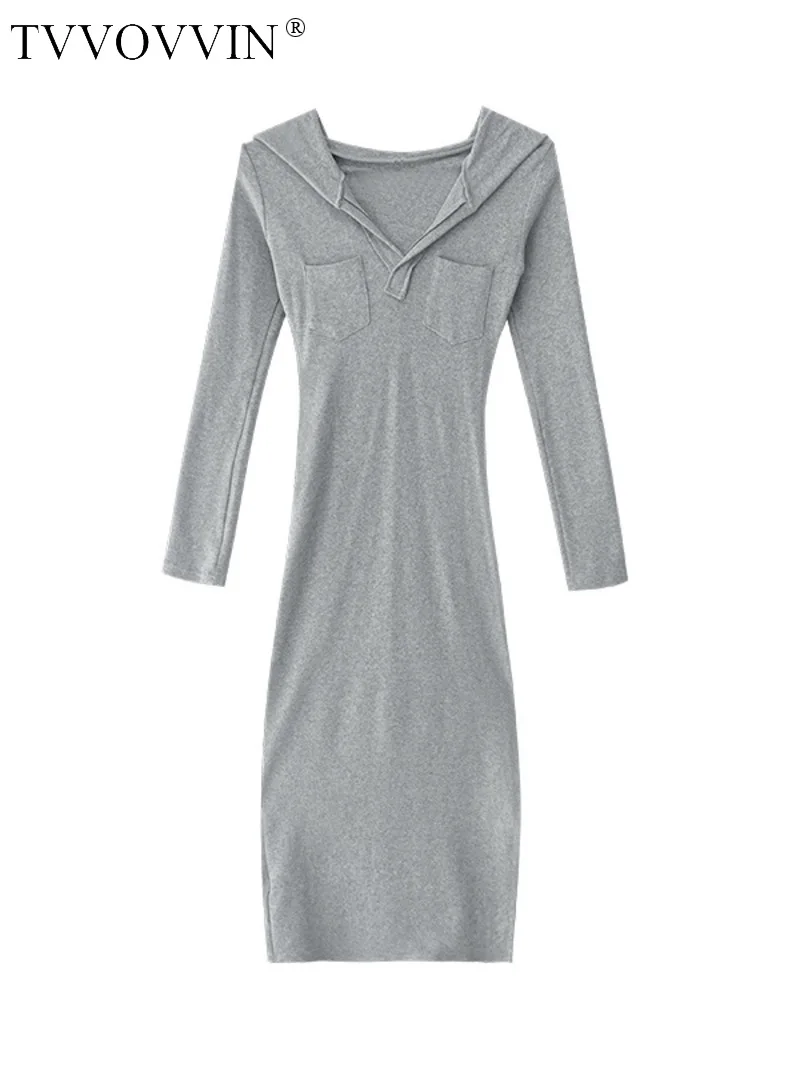 

WOMENGAGA Slim Body Gray High Waist Class Hooded Maxi Long Dress For Women Autumn And Winter Split Long Sleeve Dresses M3VY