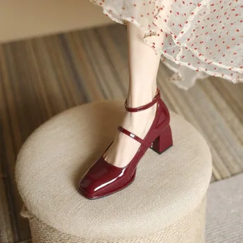 2024 New Mary Jane Shoes High Quality Leather Shoes Shallow Square Toe Womens Sandals Buckle Strap Women's Pumps
