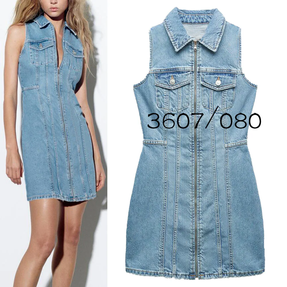

New women's fashion retro sweet Ruili casual temperament short zipper sleeveless denim dress 3607080