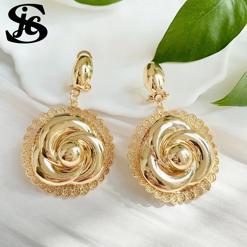 Women Trendy Clip Earrings Rose Flower Shape 18K Gold Plated Dubai Luxury Earrings For Women Wedding Party Anniversary Gift