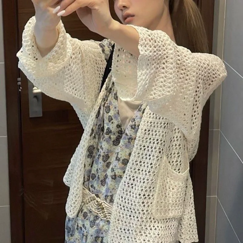 

Loose Casual Long Sleeve Knitted Cardigan Thin Tops Harajuku Women Vintage Hollow Out Oversized Sweater Korean Fashion Knitwear