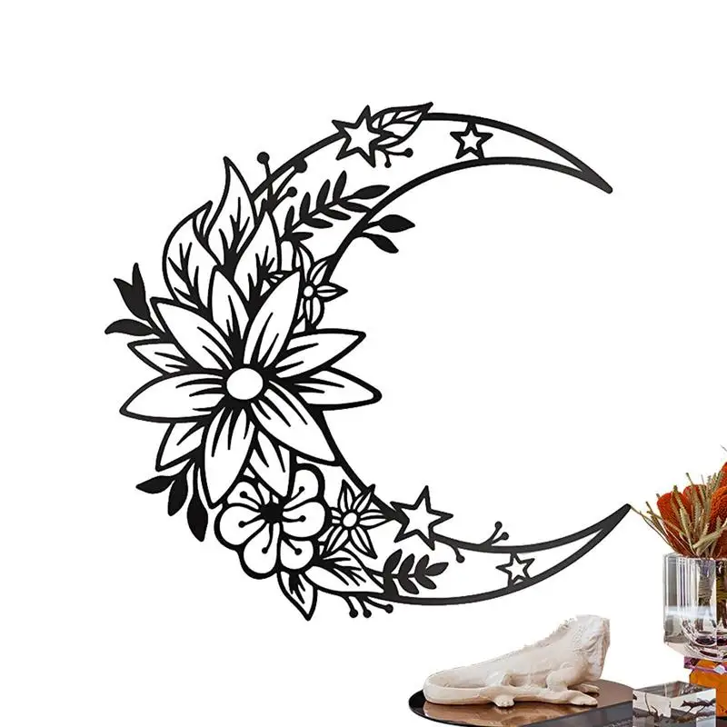 Metal Moon Wall Decor Black Floral Home Metal Boho Wall Decor Half Moon Flower Sculpture Hung Wall Decor Metal Wall Hung Moon