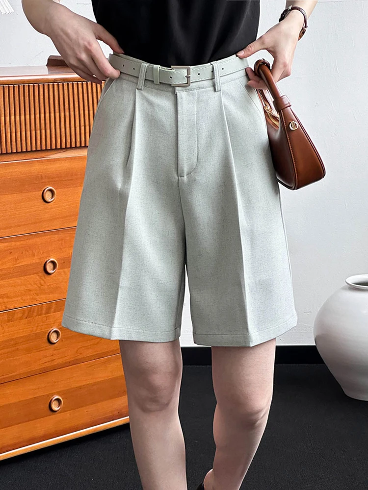[LANMREM] Office Lady Straight Shorts For Women High Waist Wide Leg Clothing Solid Minimalism Pants 2024 Summer New 26D9112