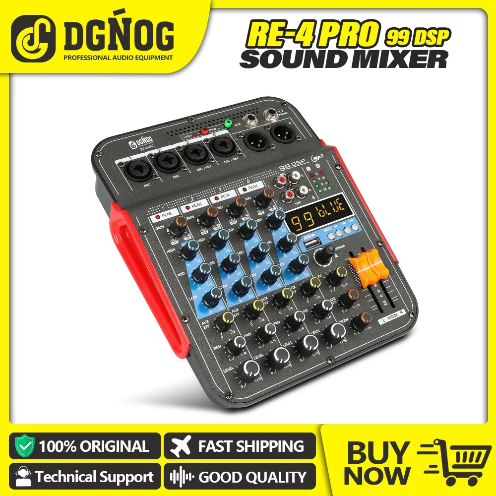 RE-4 PRO 6 Channel Audio Mixer 99 DSP Effects Sound Mixing DJ Console with Bluetooth USB for Party Recording Studio Computer