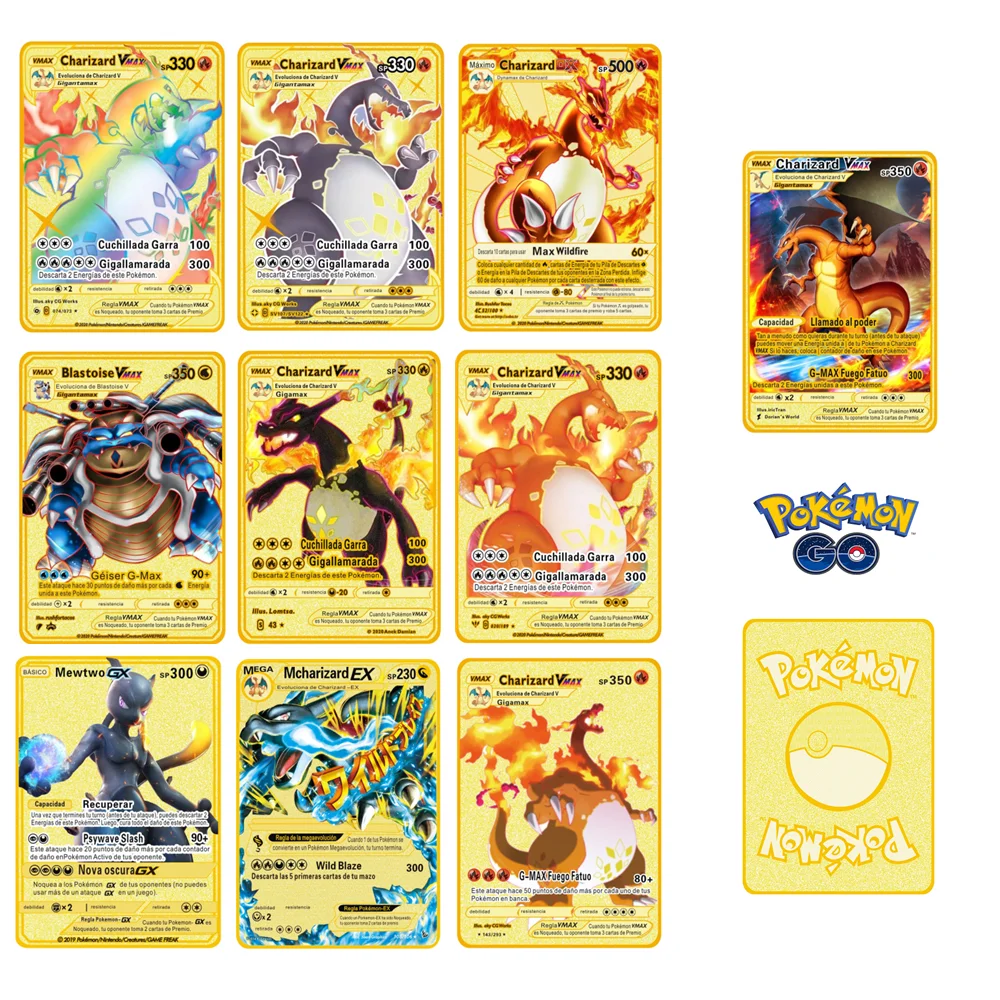 Anime Pokemon Charizard Metal Card Spanish V Vmax EX Shiny Gold Game Tag Team Fighting Ordering Series Child Christmas Gift | Игрушки и
