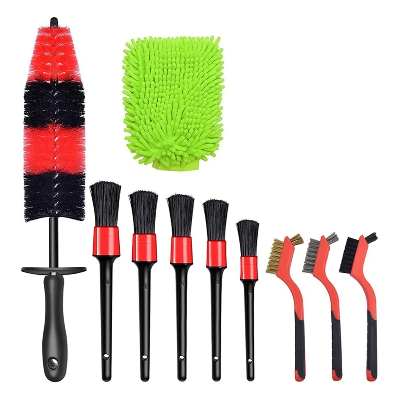 

10-Piece Car Details Brush Set Long Soft Wheel Brush Kit Ultra-Fine Fiber Cleaning Gloves
