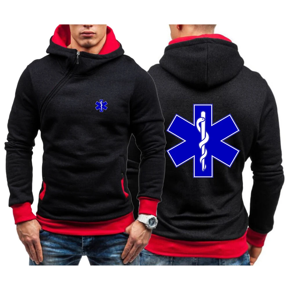 

EMT Emergency Ambulance 2023 Men's new casual solid color hoodie diagonal zipper long sleeve sweatshirt hoodie pullover sweatshi