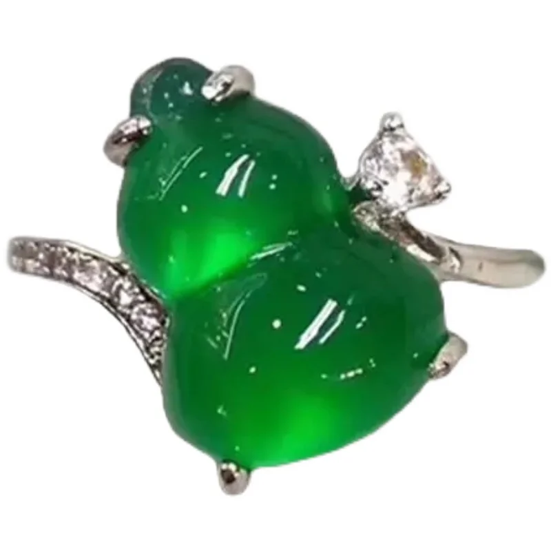 S925 sterling silver inlaid emerald ice gourd ring adjustable female