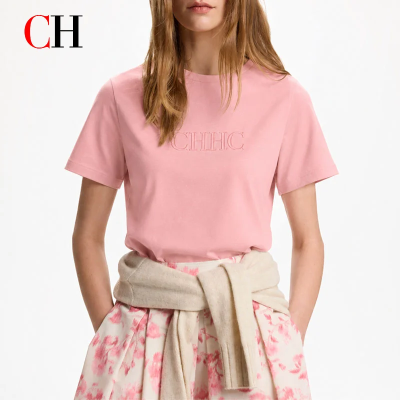 CH Damen-T-Shirt aus rosa Baumwolle mit gesticktem Schriftzug, kurzärmelig, lässiges Sommer-Basic-Top