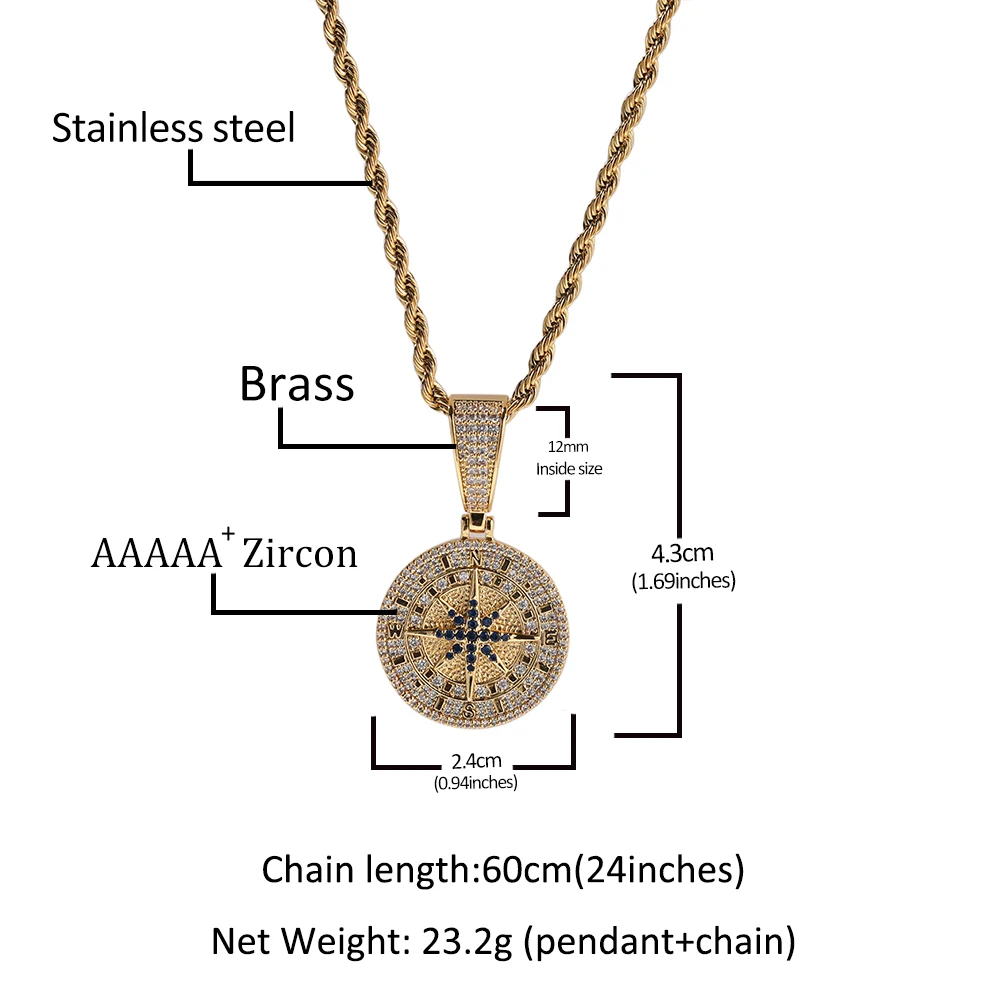 THE BLING KING Compass Pendant Iced Out 5A Cubic Zirconia Pendant Chain HipHop Fashion Jewelry Gift For Men Women