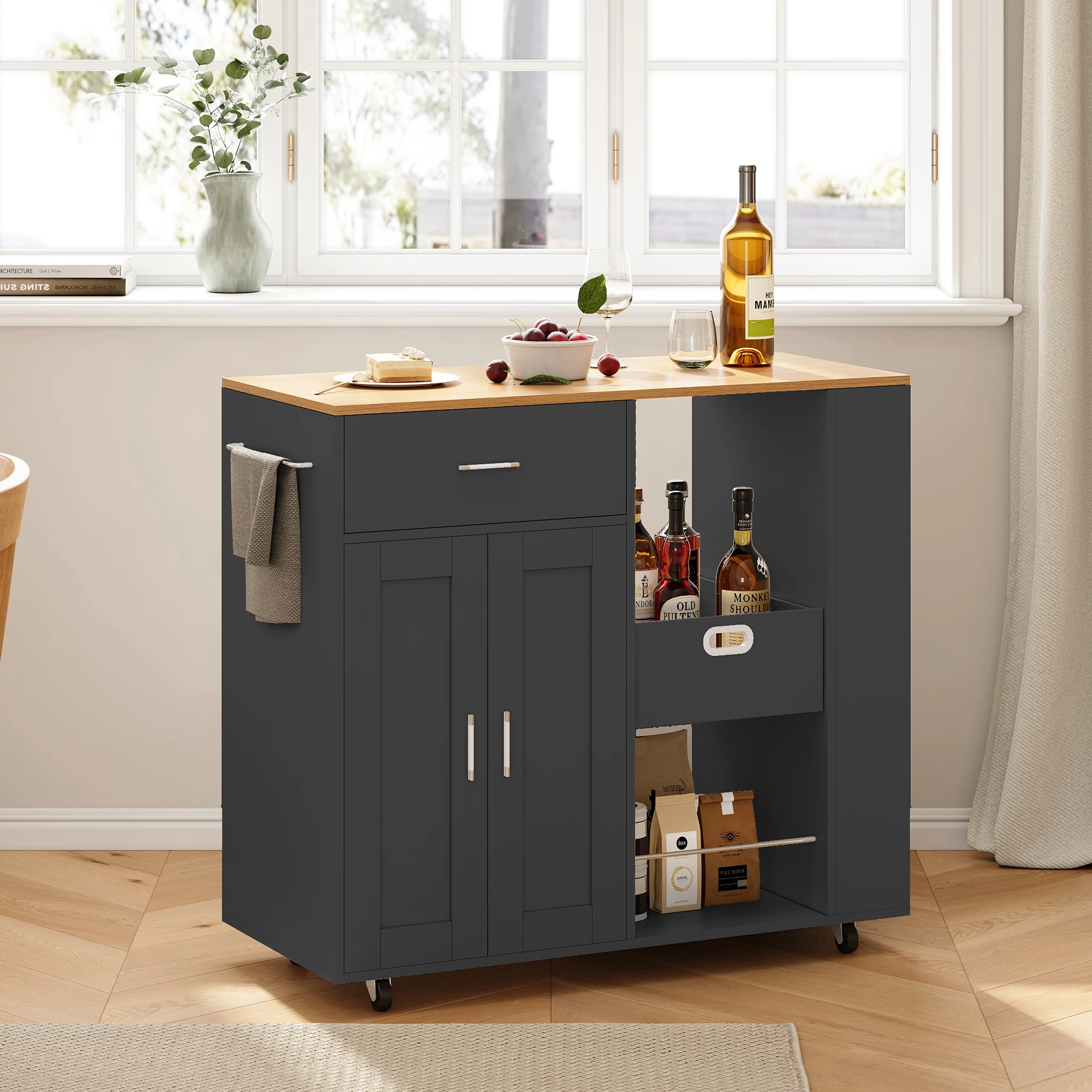 Rosahqnda Mobile Kücheninsel, Küchenwagen, abnehmbare Aufbewahrungsbox, Tischplatte aus Eichenholz, Aufbewahrungsschränke für Esszimmer, Wohnzimmer – Detail 10