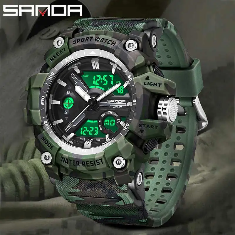 

SANDA Top Brand Men's Sports Watches G Style Camouflage Army Military Analog Quartz Watch Men LED Digital Waterproof Male Clock