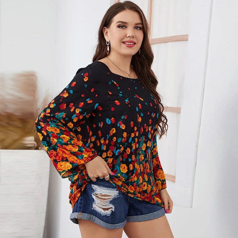 Della Mel Plus Size Women Clothing Blouses Fashion Casual Loose Long Sleeve Floral Print Chiffon Tops Elegant Big Size Blouse