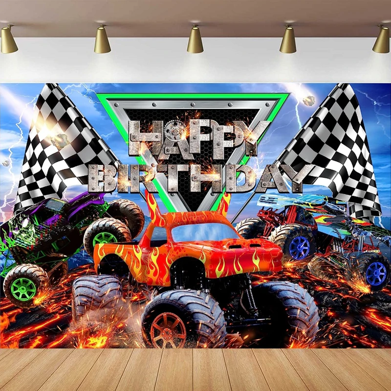 Sfondo Fotografico A Tema Camion Monster Boys Kids Happy Birthday Background Jam Burning Flame Car Grave Digger Party Decor