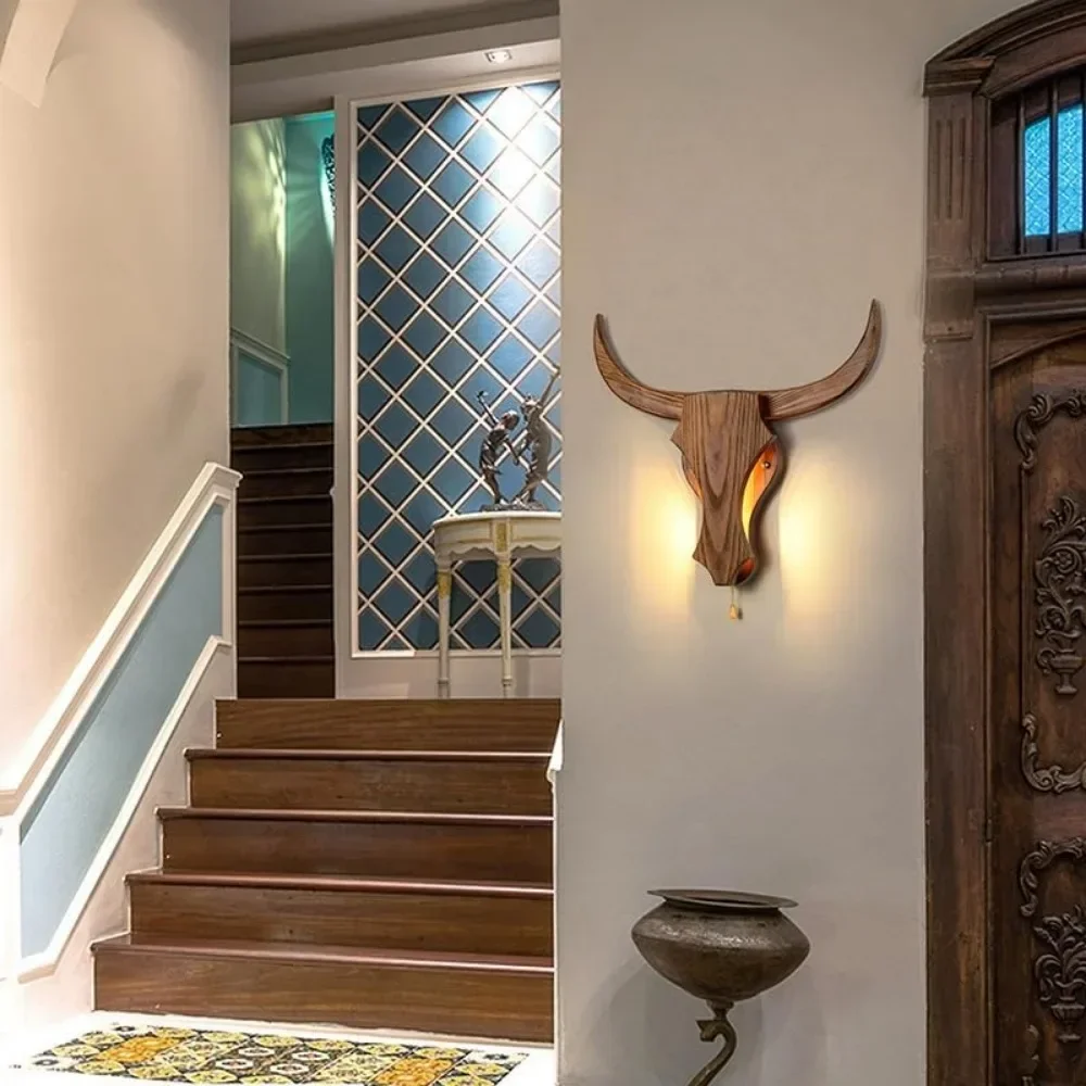 Vintage Wall Sconce Lamp 3 Color Temperatures Retro LED Industrial Wall Light Wood -Wall Sconce Lamp Ox Head Shape for Home Bar
