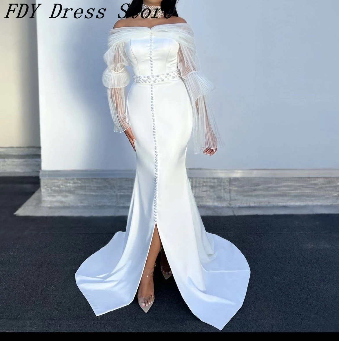 

Vintage Mermaid Prom Dresses Off The Shoulder Pleated Pearls Floor Length Front Split Formal Occasion Dress Evening Dresses