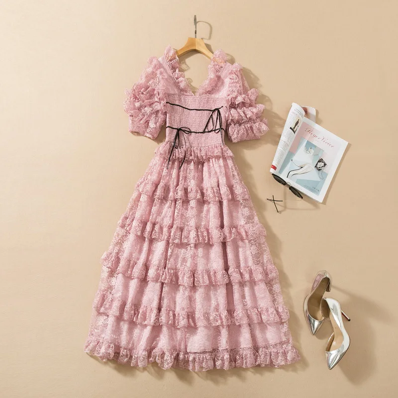 

European and American women's wear spring 2022 new Short sleeve v-neck lace cake Fashionable pink pleated dress XXL
