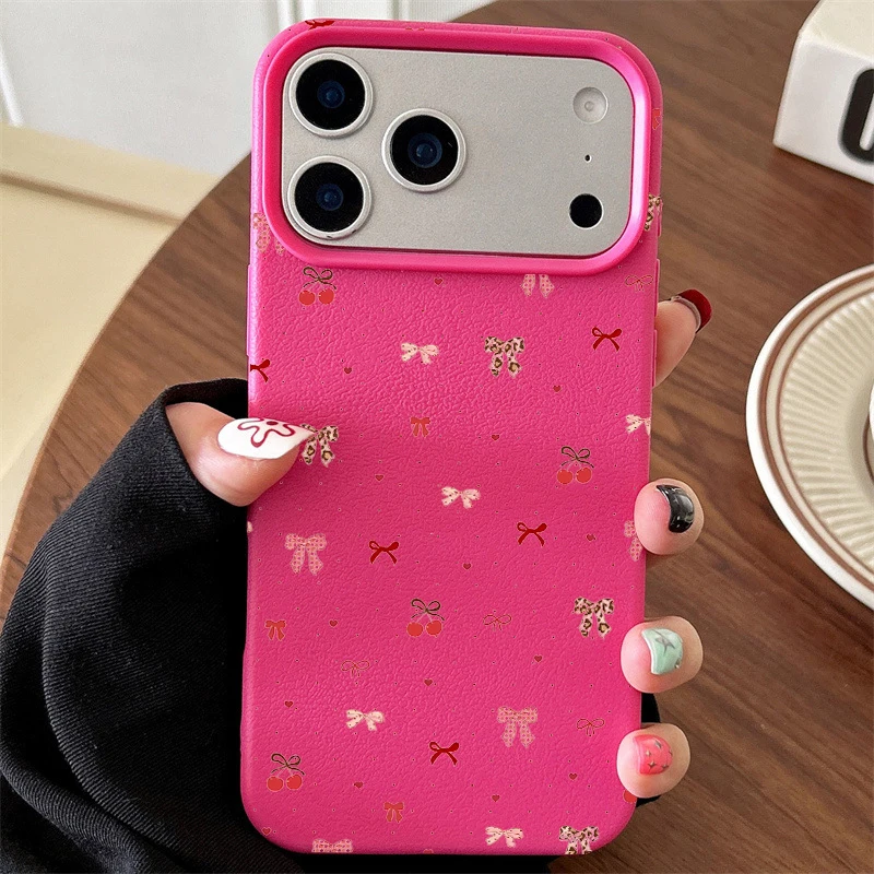 Cherry Cute Bow Shockproof Lichee Pattern Soft Phone Case Cover