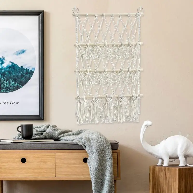 

Three-layer Storage Rack Bohemian Hand-woven Tapestry Wall-mounted Storage Net Bag Three-layer Net Bag Storage Rack Tassel Toy