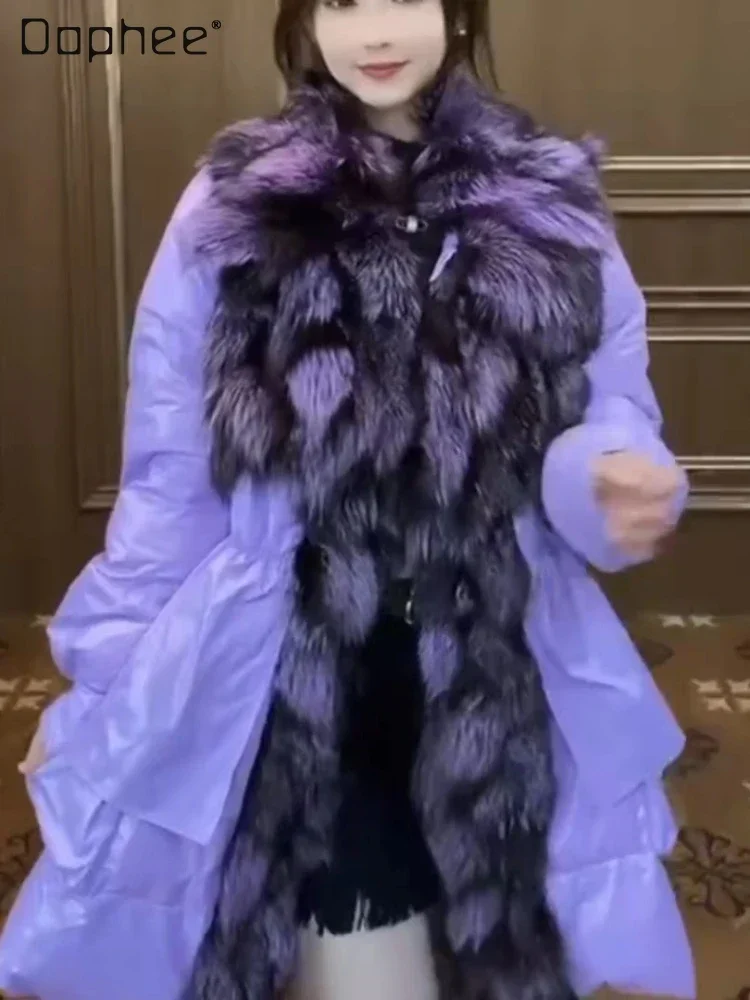 

Новинка зимнее пальто из искусственного меха на белом утином пуху из лисьего меха женская теплая Модная Большая куртка с длинным рукавом и большим меховым воротником