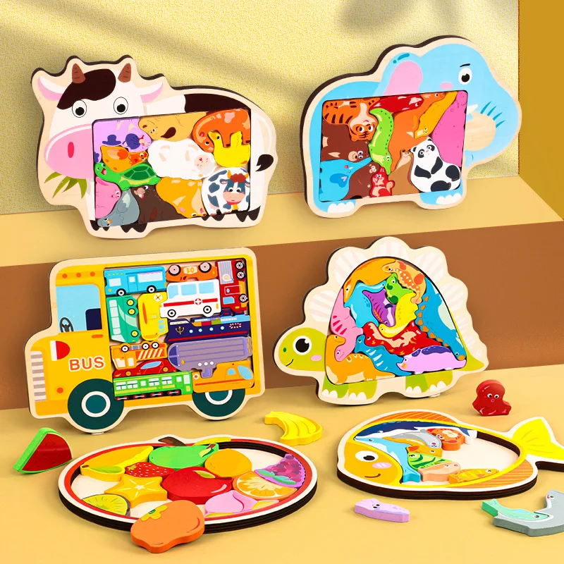 Wooden Animal Jigsaw Dinosaur Puzzle Kids Education Toys Colorful Fruit Transportation Puzzles DIY Fish Jigsaw Board Games 2
