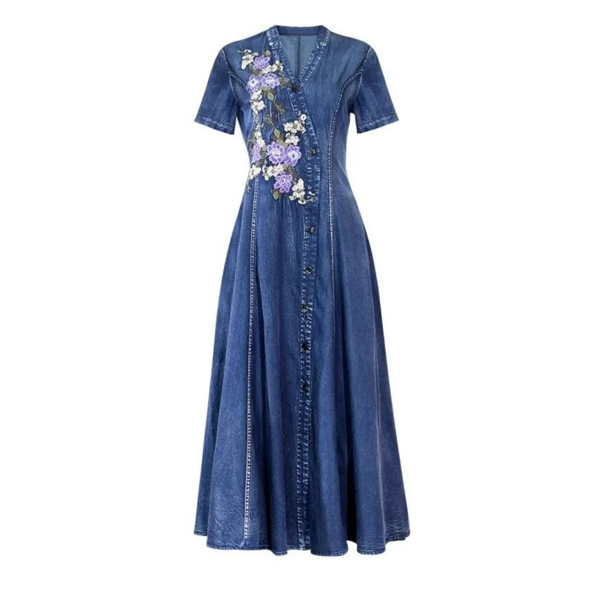TIYIHAILEY-Long Mid-Calf Short Sleeve Denim Dress, Chinese Style, Single  Breasted Embroidery, V-Neck Dress, New, M-3XL 2026 New - AliExpress  200000345