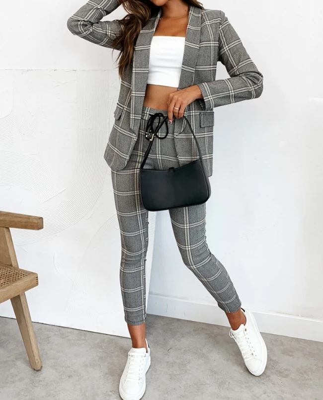 Two Piece Set Women Outfit Autumn Fashion Plaid Print Shawl Neck Long Sleeve Blazer Coat & Elegant Drawstring Work Pants Set