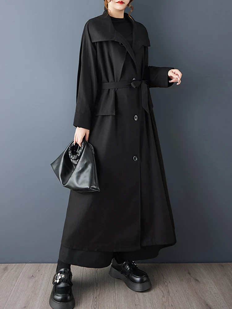 Oversized Autumn Winter New Korean Fashion Long Trench Coat For Women Black Vintage Sashes Casual Loose Outerwear Clothing 2025