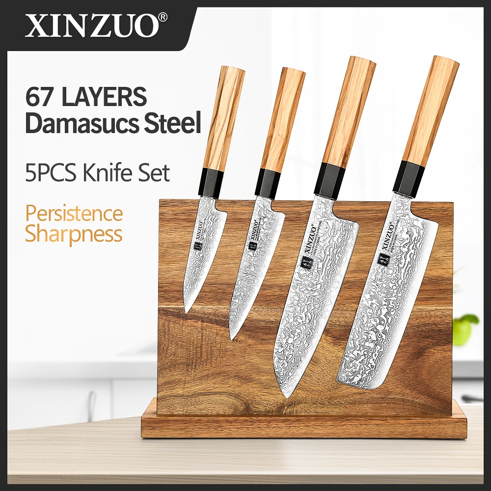 

XINZUO 5PCS Kitchen Knives Tools Sets Damascus Steel Nakiri Santoku Utility Paring Knife with Magnetic Acacia Wooden Knife Stand