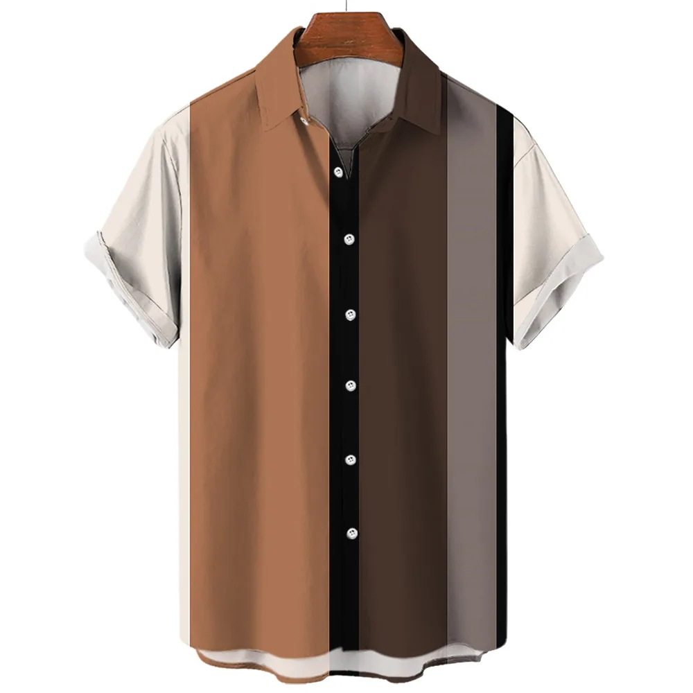 Casual Social Shirt Lapel Button Hawaiian Shirt Summer Stripe Print Short Sleeve Top T-shirt Fashion Plus Size Men's Clothing