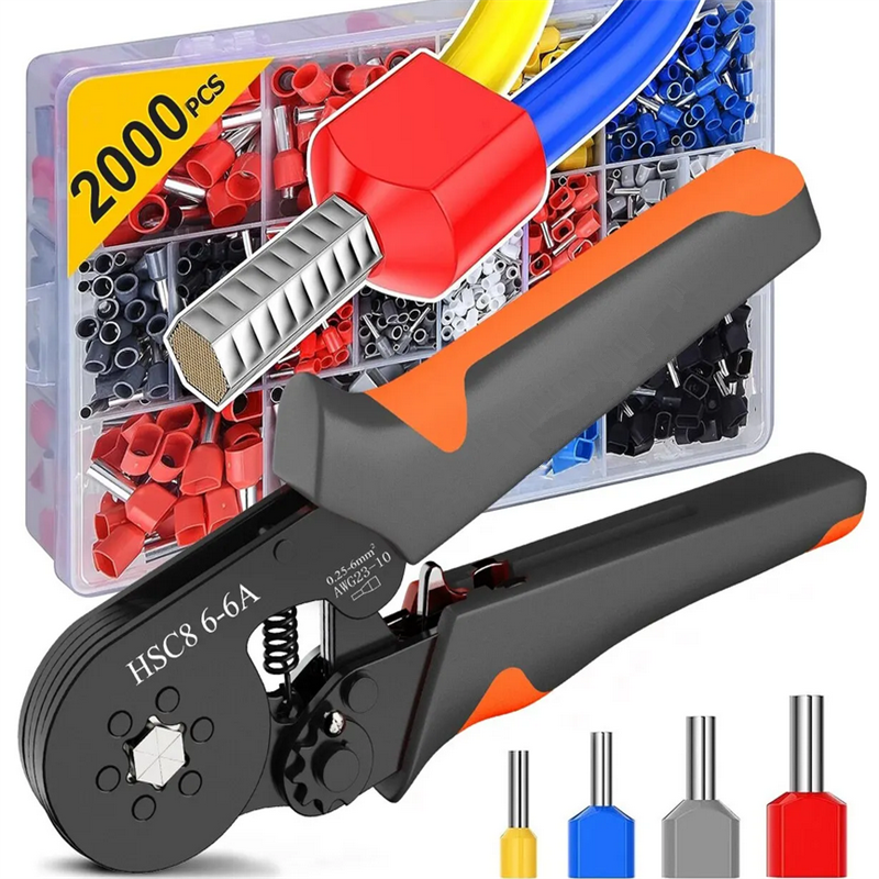 Hexagonal Self-Adjustable Ratchet Ferrule Crimping Tool Kit 23-10AWG 0.25-6mmÂ² Crimper Kit with 400-2000pcs Wire Terminals