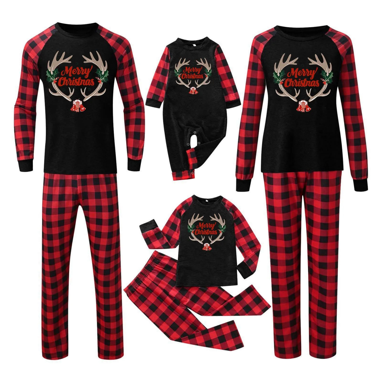 thumbnail image 4 of Conjunto de pijamas familiares de Feliz Navidad, estampado a cuadros, manga larga, 2 piezas, traje para adultos y niños, ropa de dormir suave y linda, aspecto navideño, 4 of 5