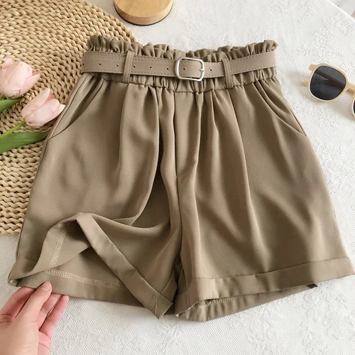 KUSAHIKI 2022 Summer Woman Shorts Belt Elastic High Waist Korean Solid Bottoms Causal Fashion Wide Leg Short Feminimos denim shorts Shorts