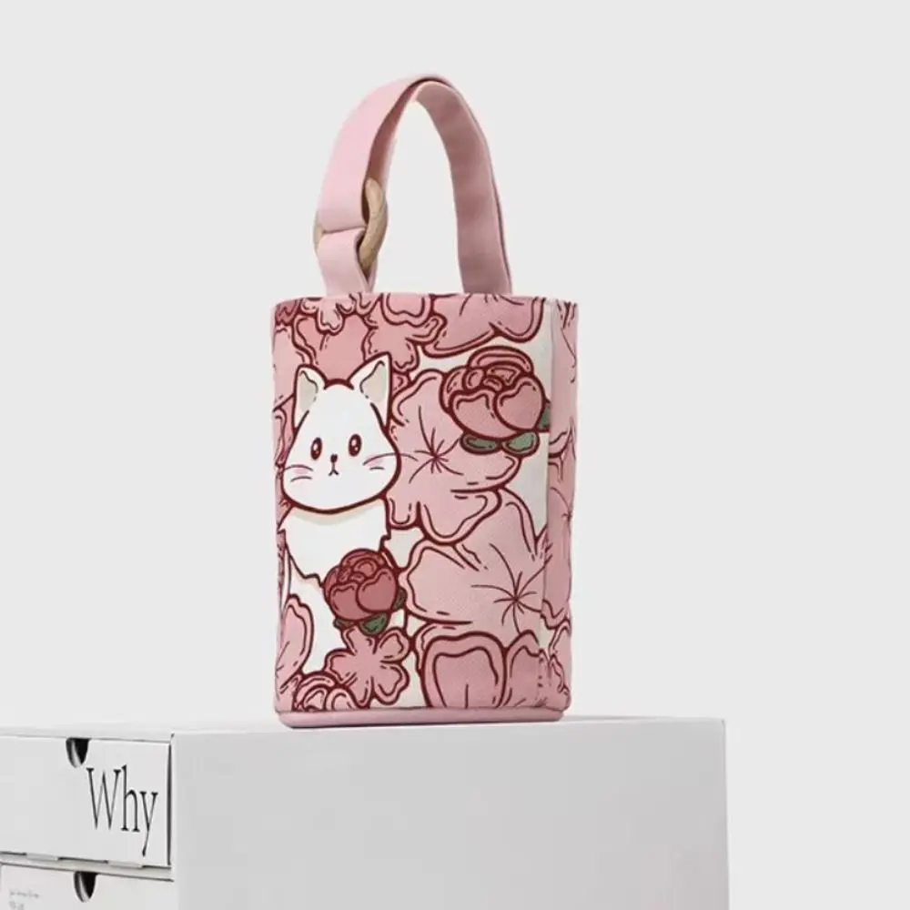 

Cartoon Printed Lovely Cat Bucket Bag New Waterproof Portable Lunch Pouch Leather Cylinder Bags