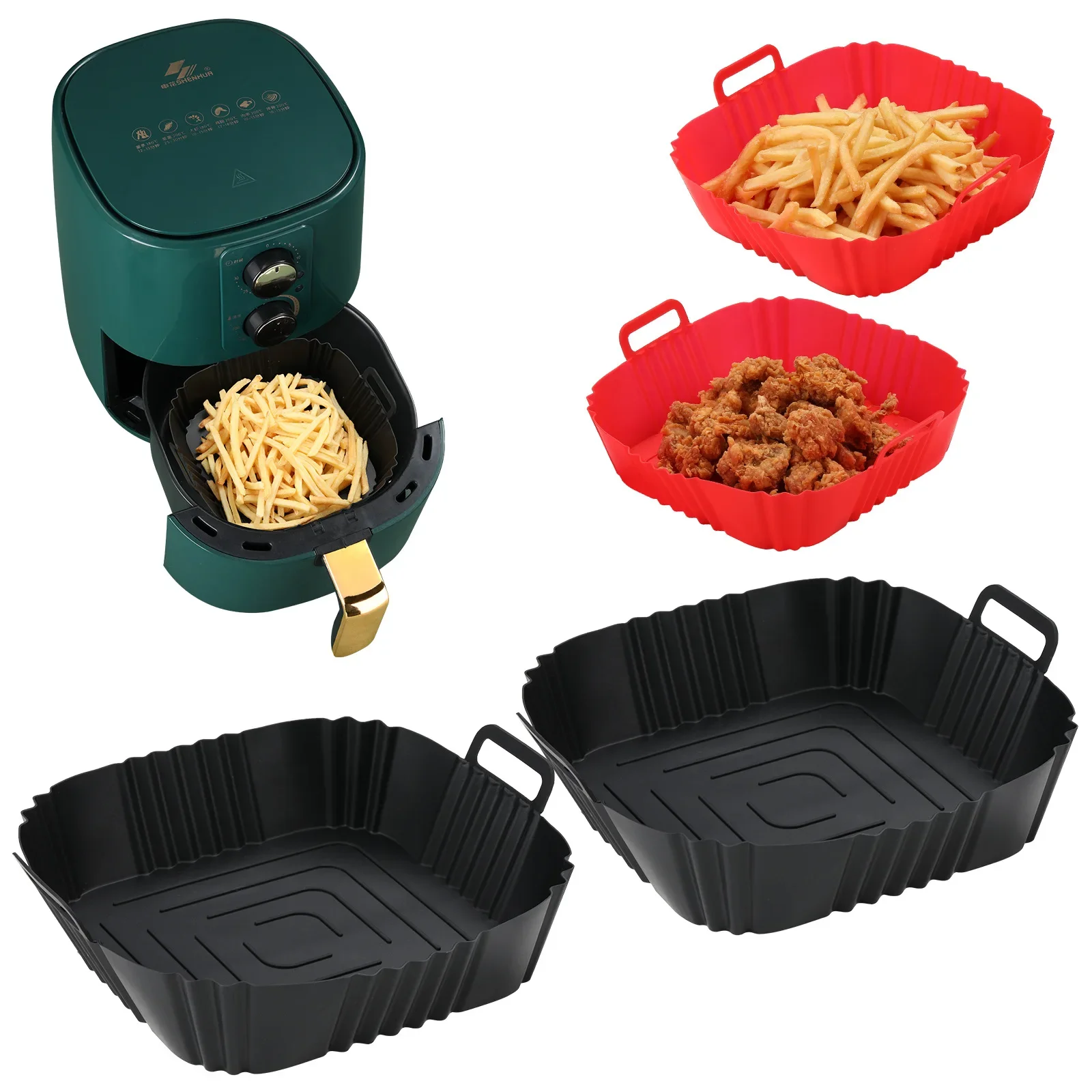 

22cm Silicone Air Fryers Oven Baking Tray Pizza Fried Chicken Airfryer Silicone Basket Reusable Airfryer Pan Liner Accessories