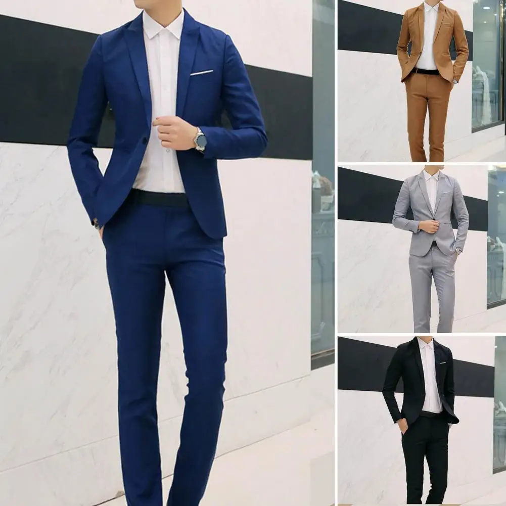 1 Set Blazer Pants Slim Fit Groom Suit Slimming Pure Color Blazer Pants