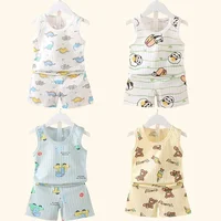 Vêtements pour mères et enfants, en coton imprimé, T-shirt, gilet, hauts et shorts, ensembles pour garçons et filles, mignons et respirants, été 4